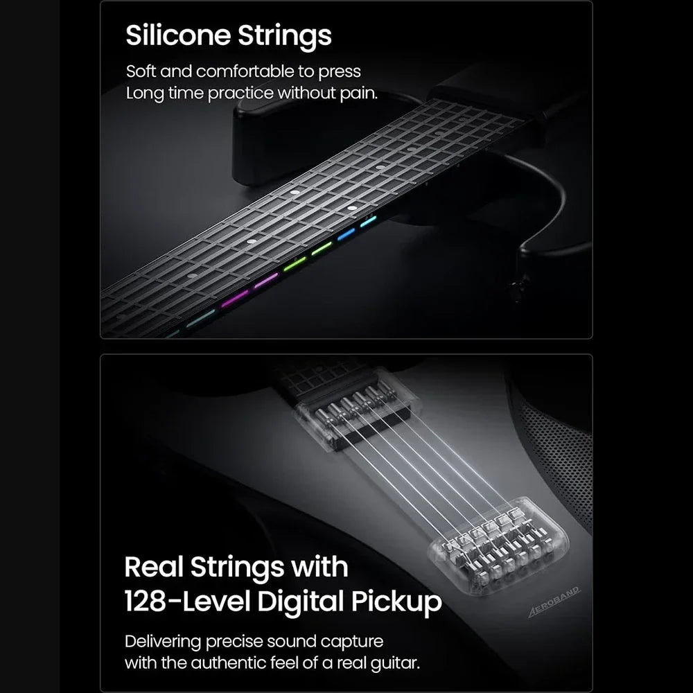 Smart Hybrid Portable Guitar – Pain-Free Silicone Strings, 9 Instrument Sounds (Electric, Acoustic, Bass, Ukulele), Built-in Speaker & Mic, MIDI Controller, 13,500mAh Battery