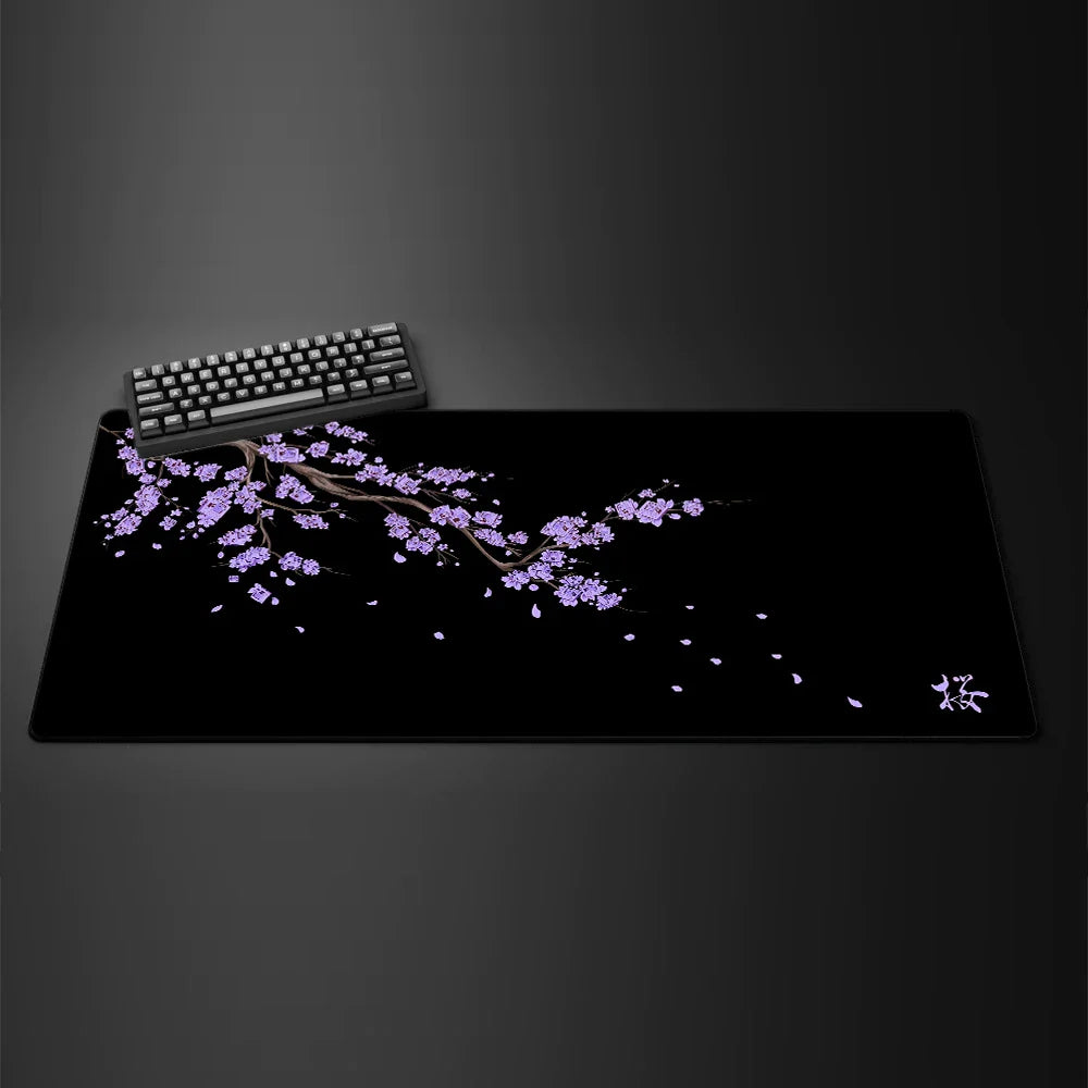 Black Sakura Cherry Blossom Gaming Mouse Pad — Kawaii Purple Large Non-Slip Desk Mat