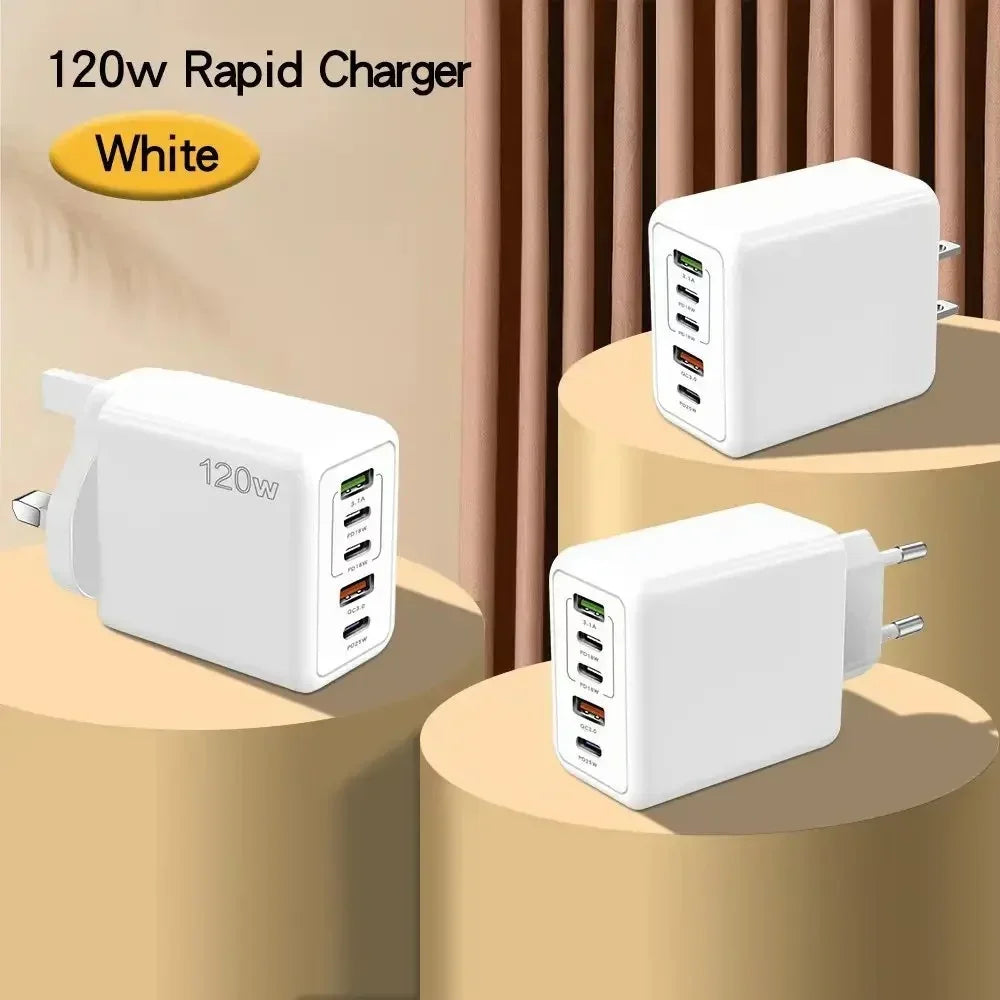 5-Port 120W USB-C PD Fast Wall Charger (3×USB-C + 2×USB-A) — Multi-Device Fast Charging for Smartphones & Tablets