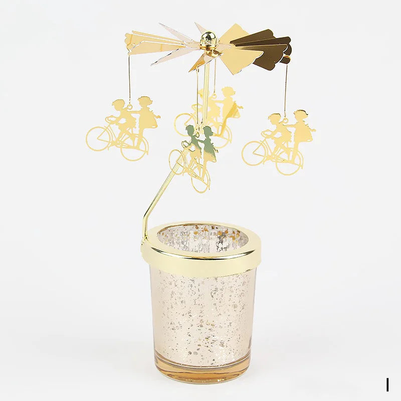 Rotating Tea Light Candle Holder Carousel Stand 6.7x3.1in (17x8cm) Metal Spinning Candlestick Gold Silver Home Party Christmas Decor Gift