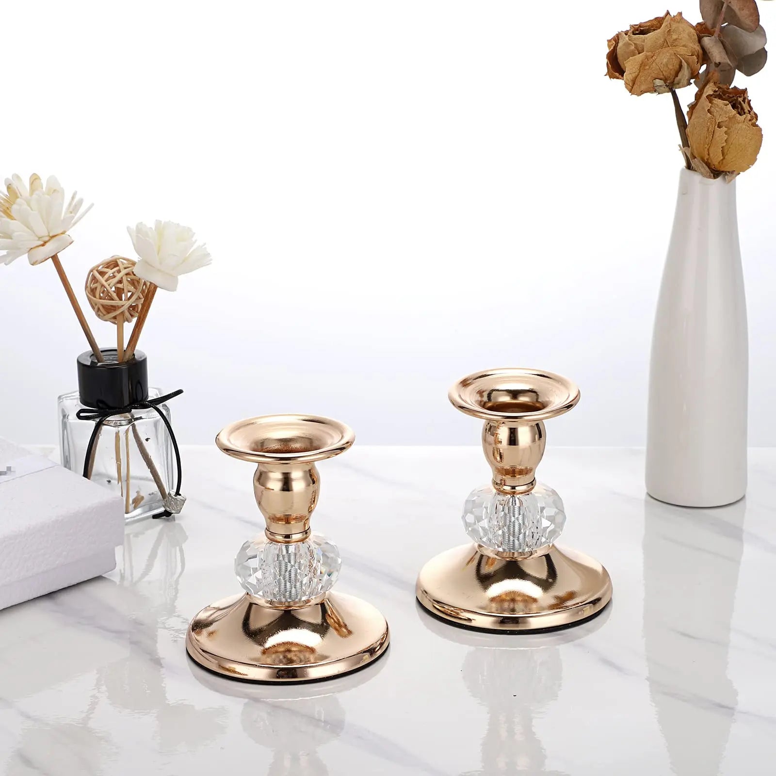 2-Pack Gold Metal Taper Candle Holders – Vintage Brass Taper Candlesticks for Wedding & Home Decor