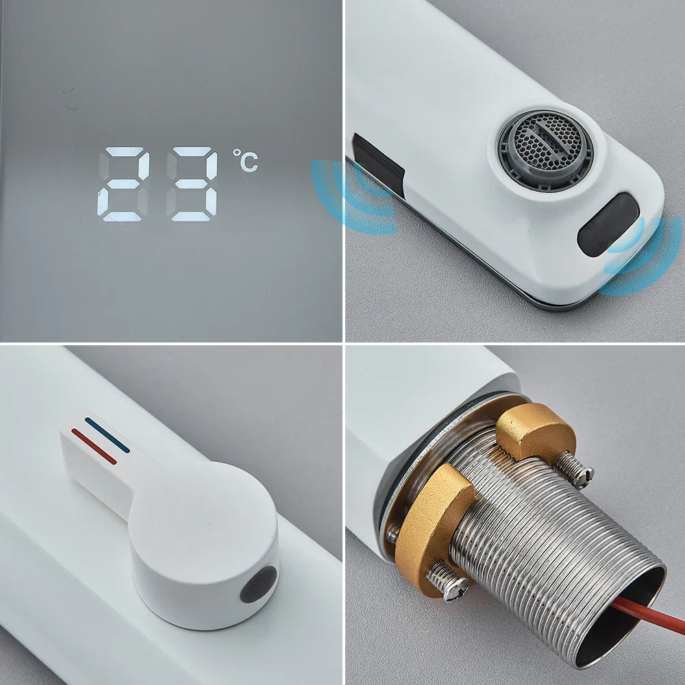 Touchless White Sensor Basin Faucet with Digital Temperature Display – Hot & Cold Mixer Tap for Bathroom Vanity