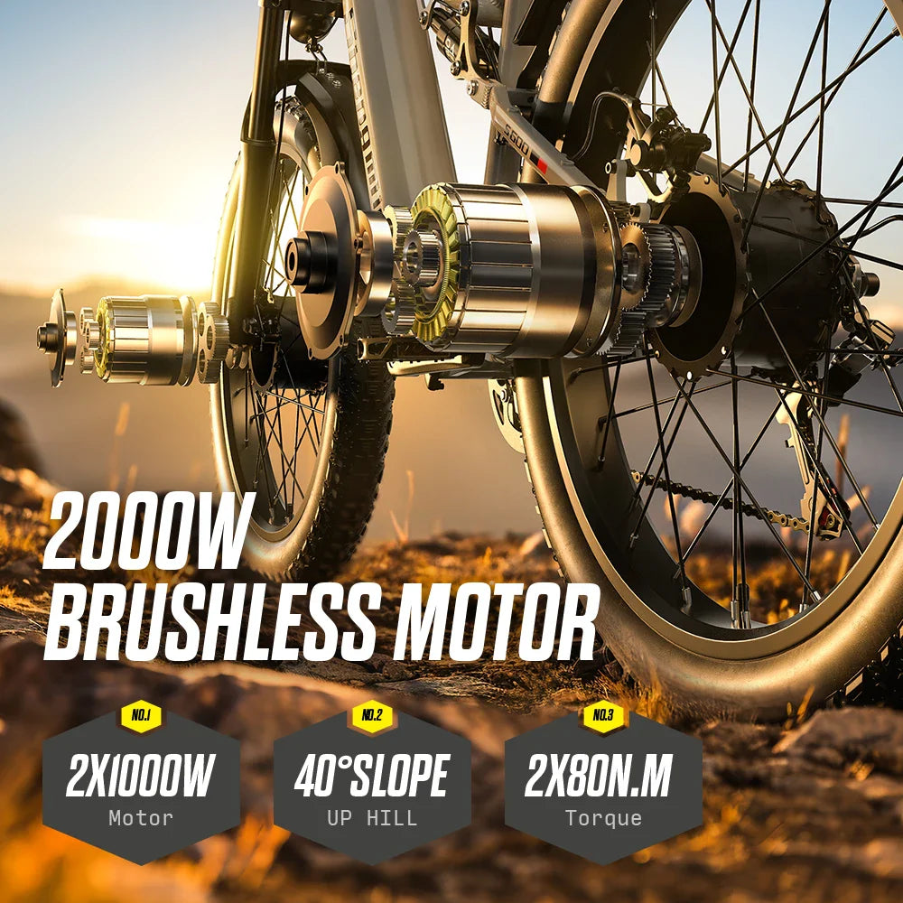 26-Inch 2000W Dual Motor Electric Mountain Bike, 7-Speed Fat Tire E-Bike, 48V 17.5Ah Removable Battery