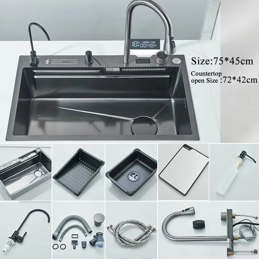 304 Stainless Steel Undermount Kitchen Sink Single Bowl 75 x 45 cm (29.5 x 17.7 in) Brushed Finish with Waterfall Faucet, Digital Display and Soap Dispenser