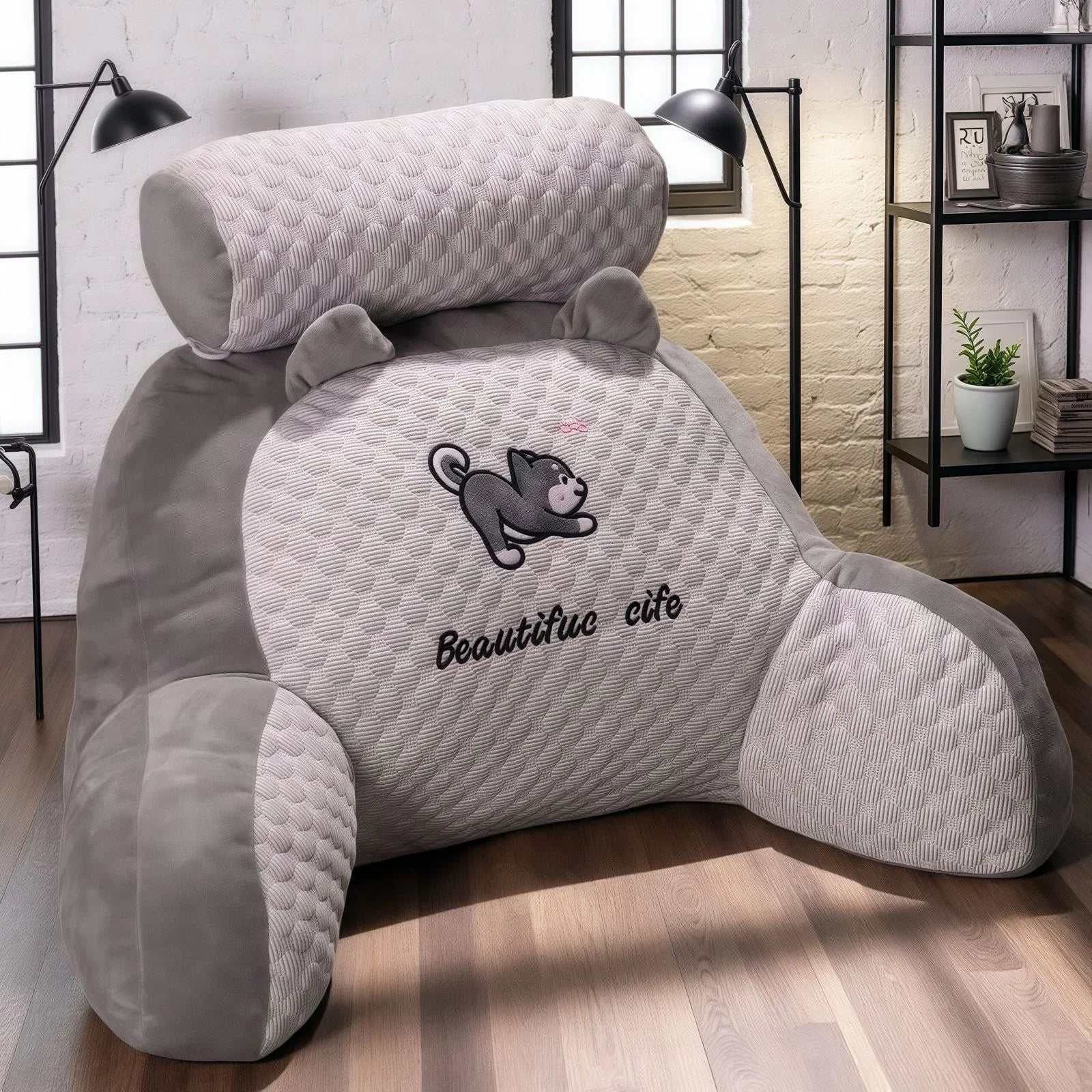 Adjustable Reading Pillow Back Support Cushion – Quilted Ergonomic U-Shape Pillow for Bed, Sofa & Floor, 24 x 16 in (60 x 40 cm), Gray