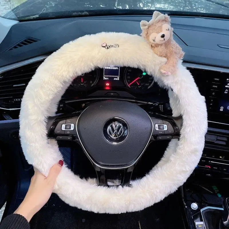 Cute Cartoon Fur Steering Wheel Cover Winter Warm Car Handle Cover for Women