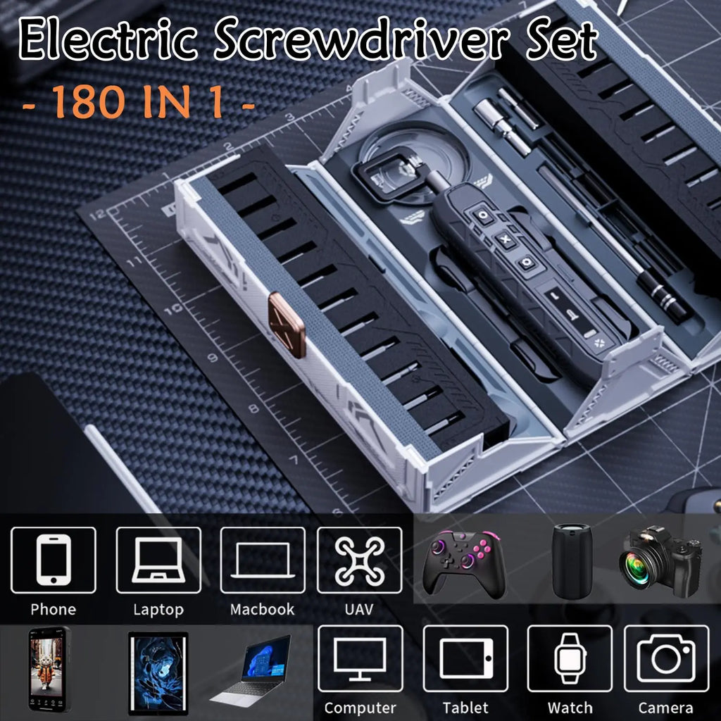 180-in-1 Precision Electric Screwdriver Kit — 3 Torque Modes, Magnetic Bits & 16 Repair Tools, USB-C Rechargeable for Phone PC Camera