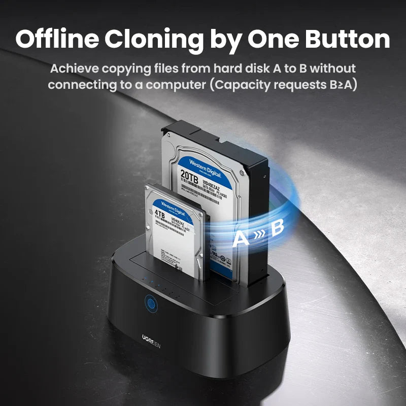 Dual-Bay SATA to USB 3.0 HDD Docking Station for 2.5"/3.5" SSD HDD Offline Clone Tool-Free