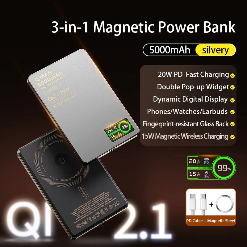 Qi 2.1 Magnetic Power Bank 3-in-1 Wireless Fast Charger 5000/10000mAh for iPhone, Apple Watch and AirPods, 15W Magnetic Wireless & 20W PD Portable Battery