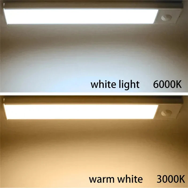 PIR Motion Sensor LED Under-Cabinet Rechargeable Night Light — Dimmable Magnetic Closet Stair Kitchen Light Bar (10–50 cm / 4–20 in)
