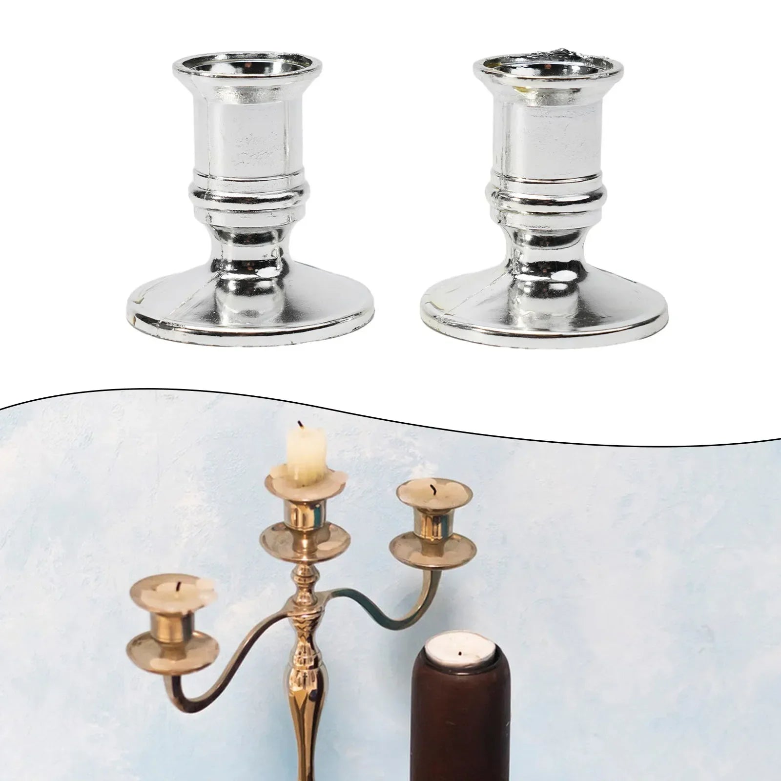2-Pack Taper Candle Holder Bases – Silver & Gold Plastic Candlestick Stands for Taper/Electric Candles, Wedding & Home Decor