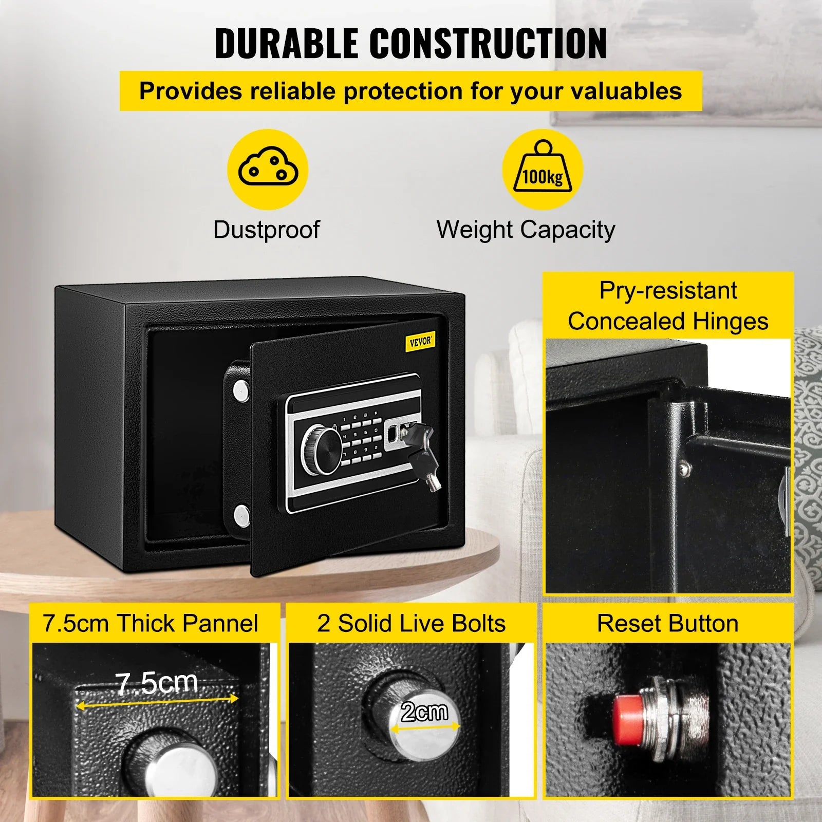 Fingerprint & Digital Lock Home Safe — 0.8 / 1.7 / 2.1 cu ft (22.7 / 48.1 / 59.5 L) Wall-Mount Security Box for Documents, Cash, Jewelry & Guns