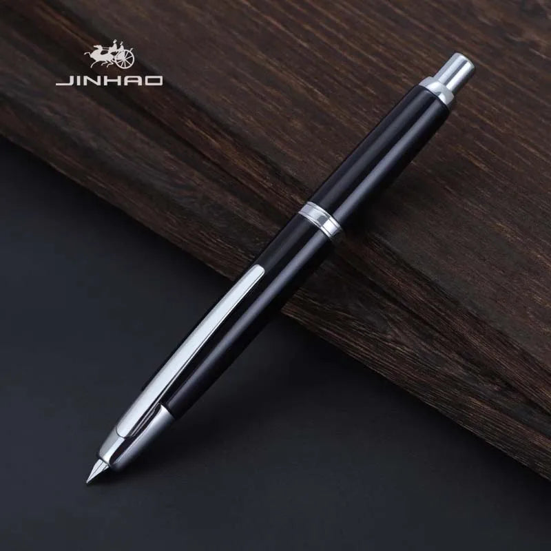 Push-Button Retractable Fountain Pen — Metal Body, Clip & Converter, EF/F Nib 0.5mm (0.02in) — Black/White