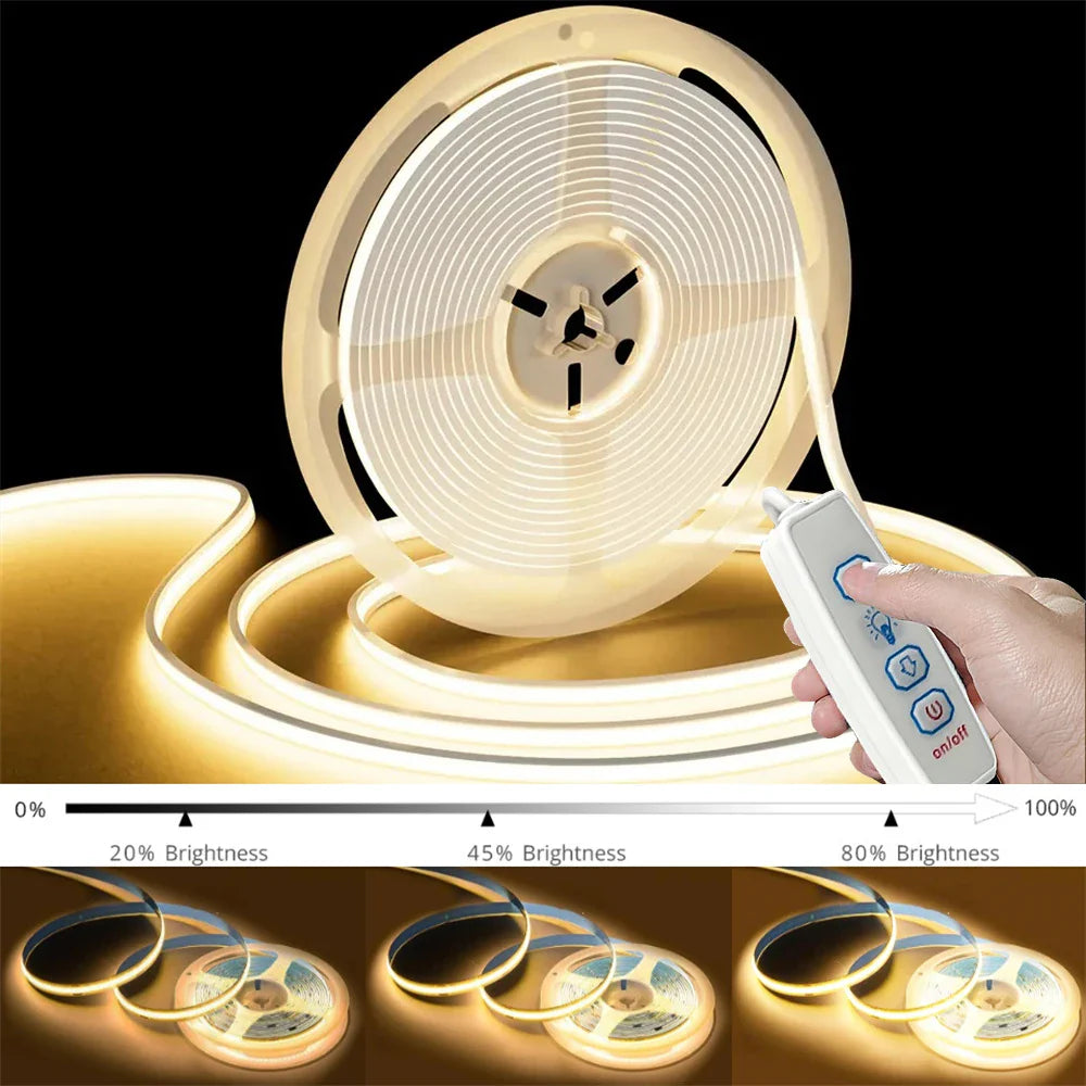 USB 5V COB LED Strip Light, Dimmable, 320 LEDs/m (≈98 LEDs/ft), Self-Adhesive Flexible Ribbon for Kitchen Cabinet Mirror Bedroom