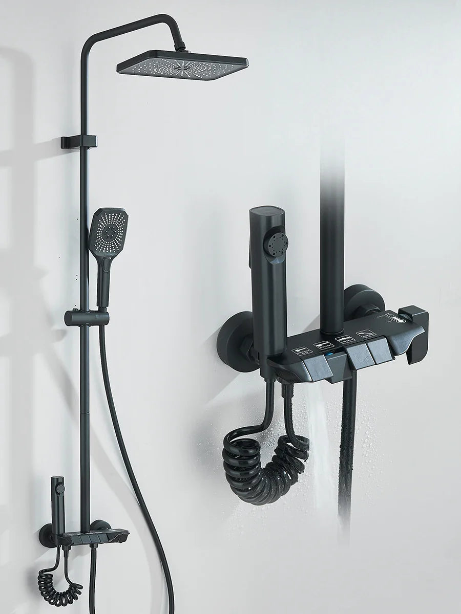 4-Way Piano Shower System with 16 in (400 mm+) Rain Shower & Bidet Faucet Hot/Cold Mixer Bathroom Kit