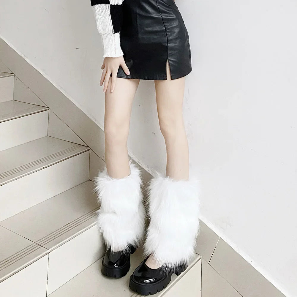 White Faux Fur Leg Warmers Y2K Goth Knee-High Boot Covers