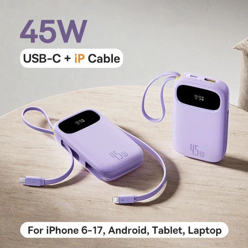 45W Power Bank – 10,000mAh & 20,000mAh Portable Charger with Built-in USB-C + Lightning Cables, USB-A Fast Charge