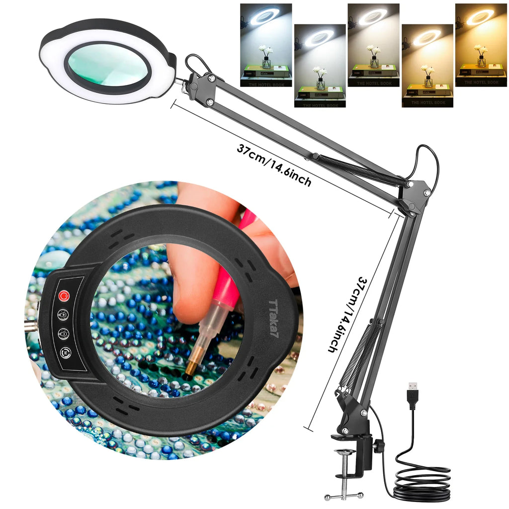 LED Magnifying Lamp 72-LED USB Illuminated Magnifier 8X/10X Adjustable Arm for Soldering, Repair, Crafts & Skincare