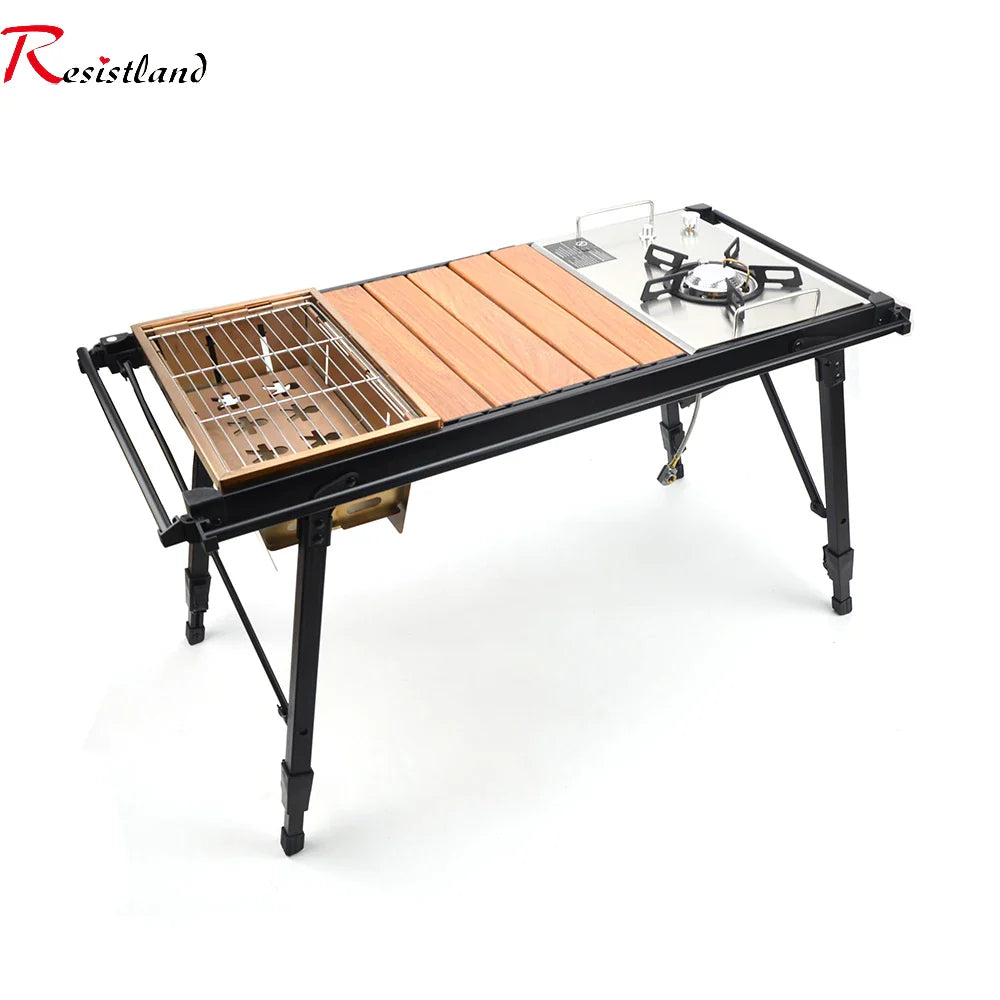 Portable Folding IGT Camping Table with Removable Wood Top — Lightweight Aluminum Camp BBQ & Gas Stove Stand for Picnic & Fishing