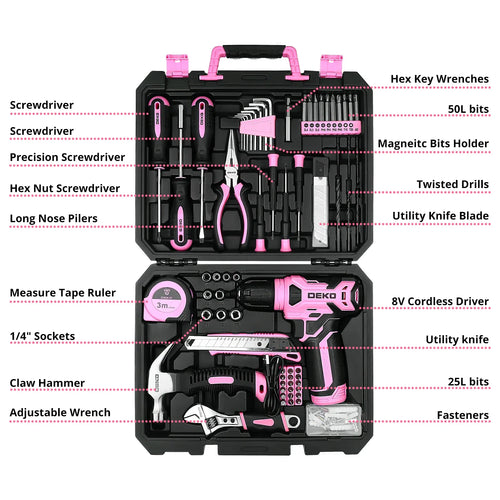 126-Piece Cordless Power Tool Combo Kit — 8V Drill with 10mm (3/8 in) Keyless Chuck, Home DIY Hand Tool Set (Pink/Yellow)