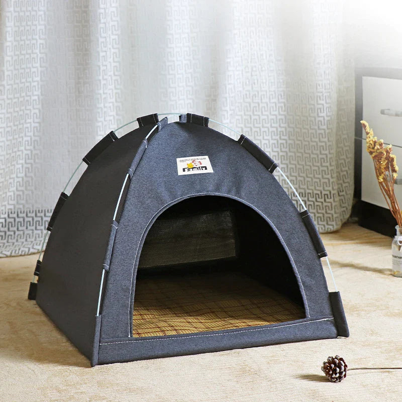 Foldable Cat & Small Dog Tent Bed — Portable Breathable Plush Pet House with Summer Cooling Mat