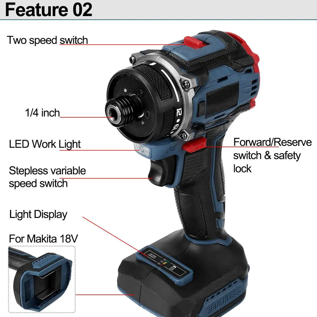 Cordless Brushless Electric Screwdriver 1/4" (6.35mm) 21+1 Gear Two-Speed 0-4000 RPM — 18V Battery Compatible