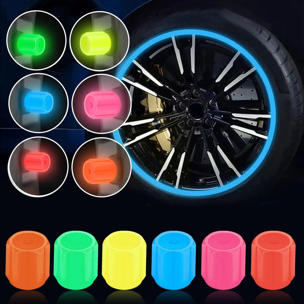 4-Pack Luminous Tire Valve Stem Caps 16×12×12mm (0.63×0.47×0.47 in) Glow-in-the-Dark Rhinestone Wheel Caps for Car Motorcycle Bike