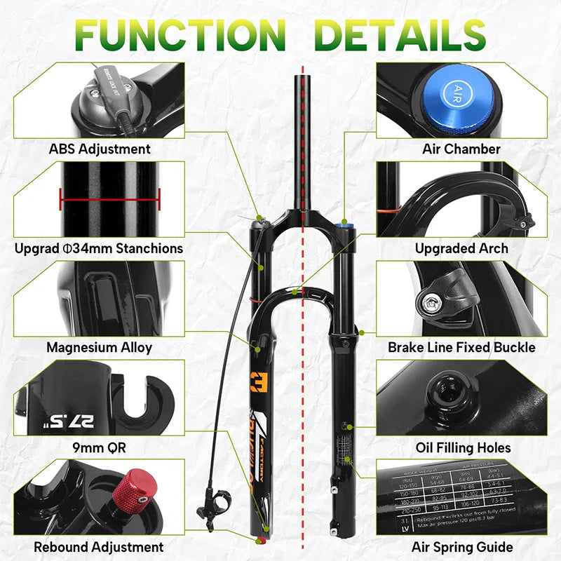 MTB Air Suspension Fork 140mm Travel (5.5in) - 26/27.5/29-inch Wheels - 9x100mm QR Axle - 34mm Stanchion, 28.6mm Steerer