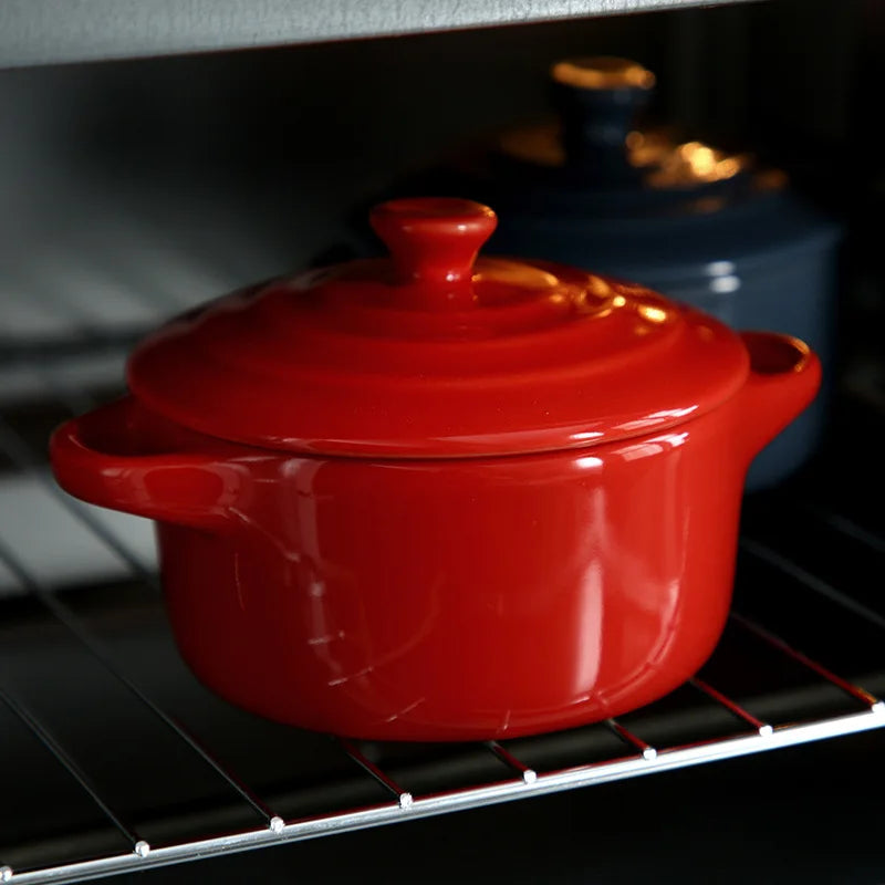 Porcelain Double-Handle Ceramic Bowl with Lid — Microwave & Steam Safe (13×7.5×9.8 cm | 5.12×2.95×3.86 in) for Steamed Eggs, Pudding & Soup