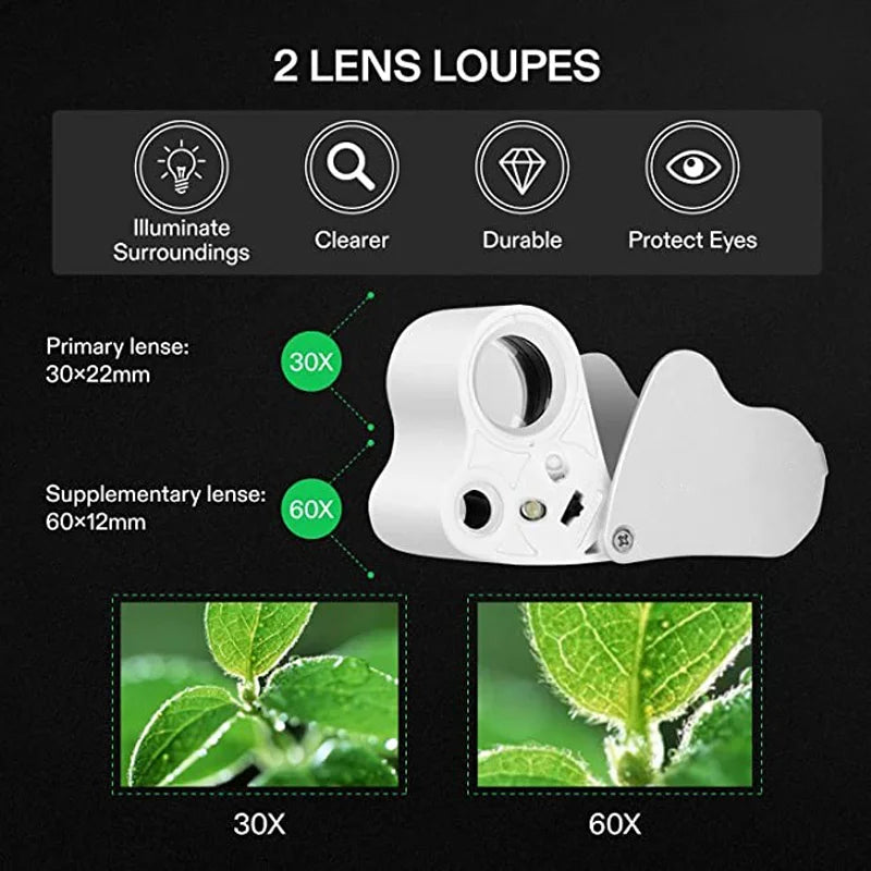 30x/60x Illuminated Jeweler's Loupe Magnifier Foldable with Bright LED Light for Gems, Jewelry, Coins & Stamps