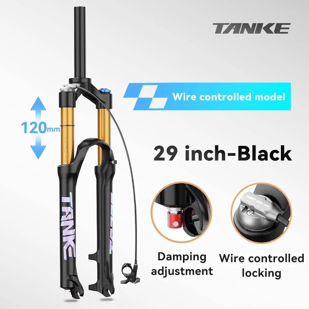 Adjustable MTB Air Suspension Fork — 120mm (4.7 in) Travel, Rebound & Lockout, 26/27.5/29 Inch, 9x100mm Quick Release