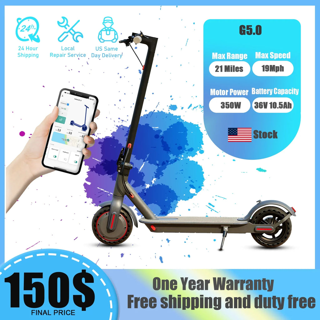 Foldable Electric Scooter 350W 36V, 21 Mile (34 km) Range, 19 MPH (30 km/h), 8.5-inch (216 mm) Tires, Disc Brake, App Control