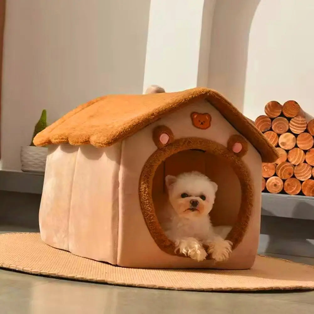 Thick Plush Semi-Enclosed Cat & Small Dog House Bed 13 x 11.8 x 12.6 in (33 x 30 x 32 cm) Removable Washable Cushion Non-Slip Base