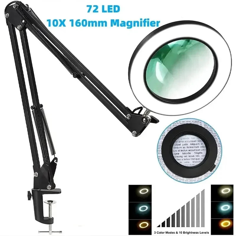 72-LED 8X/10X USB Illuminated Magnifying Lamp — 3-Color Adjustable LED Magnifier with Clamp for Soldering, Crafts, Repair & Skincare