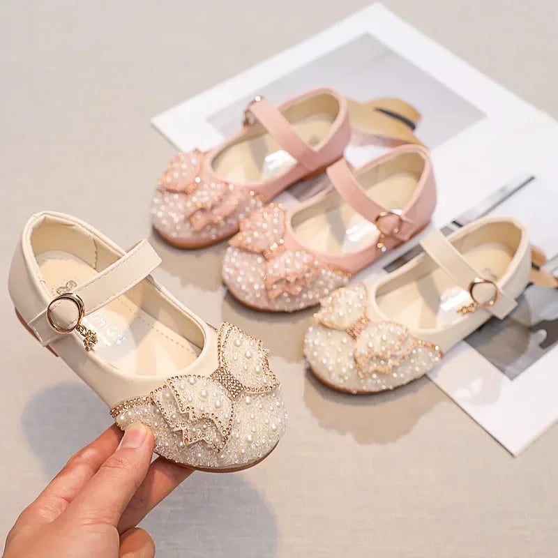 Girls Princess Glitter Ballet Flats, Rhinestone Party & Wedding Shoes — PU Leather, Non-Slip Rubber Sole