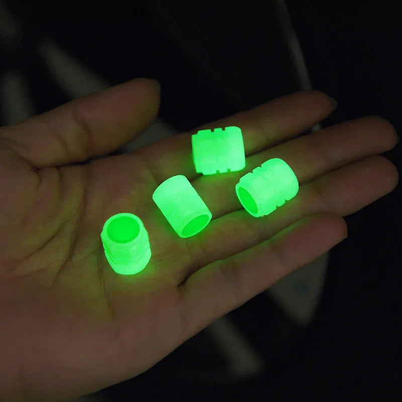 Glow-in-the-Dark Luminous Tire Valve Caps Set of 4 — Fluorescent Wheel Valve Stem Caps Universal for Car Motorcycle Bicycle