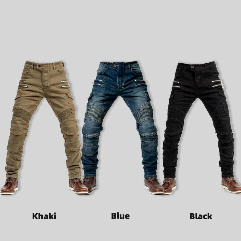 Unisex Motocross Motorcycle Riding Jeans with Removable Knee Pads – Double-Zip Moto Trousers