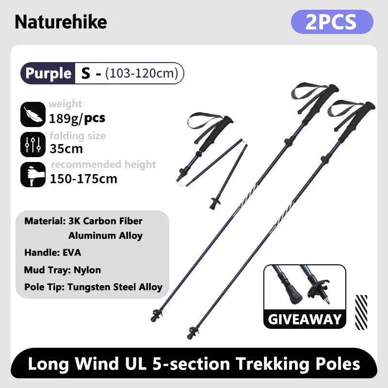 Ultralight Carbon Fiber 5-Section Folding Trekking Poles, Collapsible Quick-Lock Hiking Poles Adjustable 103–120 cm (40.6–47.2 in) or 115–135 cm (45.3–53.2 in)
