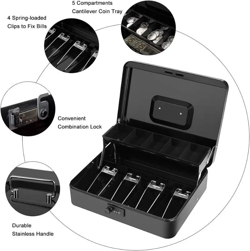 Lockable Cash Box with 4-Digit Combination Lock – Steel Money Box with Removable Coin Tray, 11.8 x 9.4 x 3.54 in (30 x 24 x 9 cm)