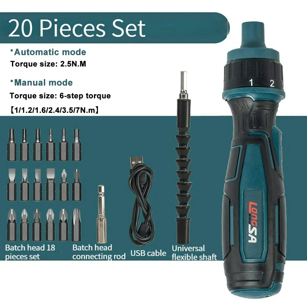 3.6V Mini Cordless Electric Screwdriver — Torque Adjustable Straight Handle, 6.35mm (1/4") Hex Chuck, 1300mAh Lithium Battery