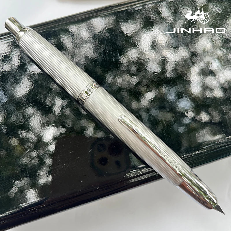 Push-Button Retractable Fountain Pen — Metal Body, Clip & Converter, EF/F Nib 0.5mm (0.02in) — Black/White