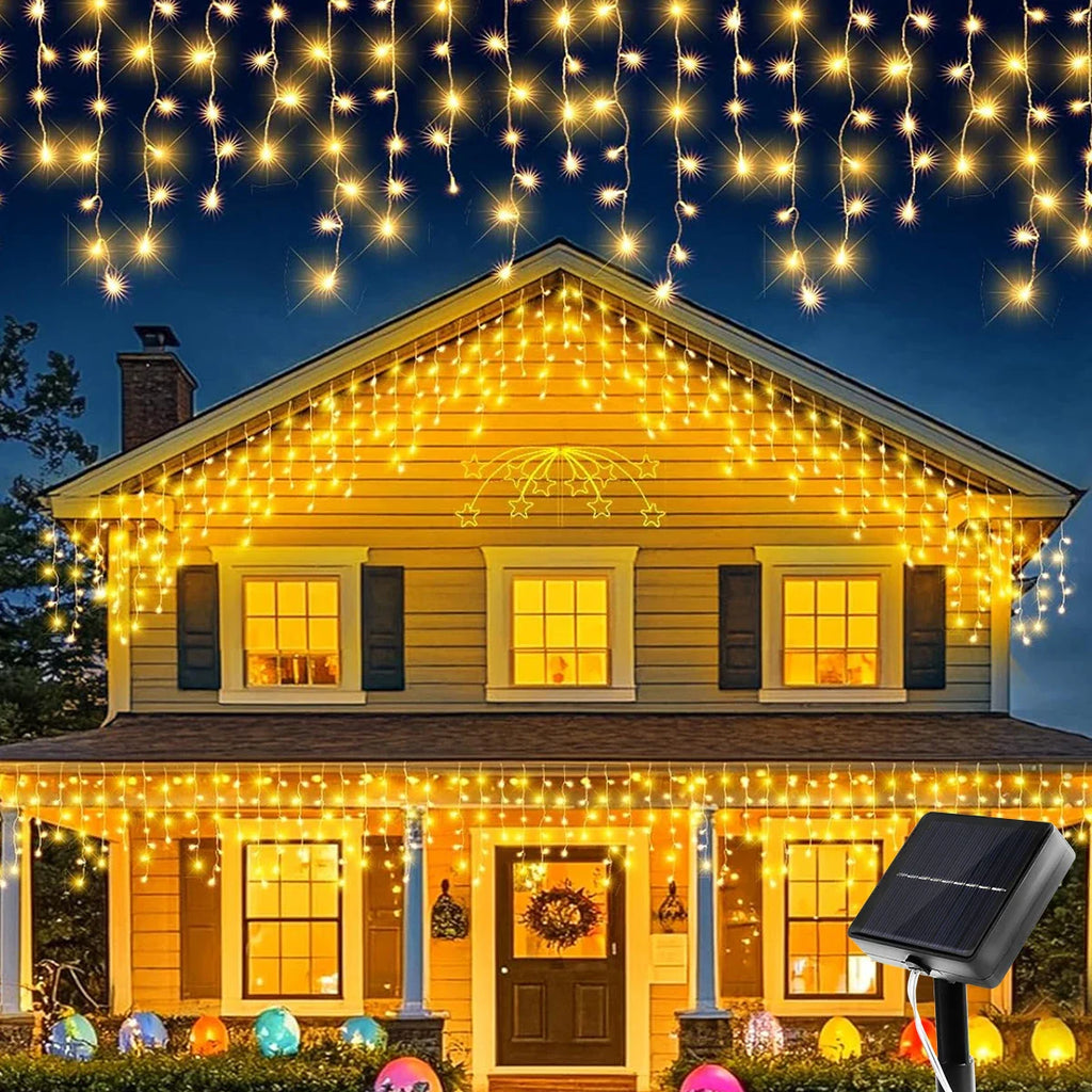 Solar Icicle Curtain Lights — 162/96 LED, 8 Modes, IP65 Waterproof, 9m/6m (29.5ft/19.7ft) Outdoor Christmas Fairy String Lights