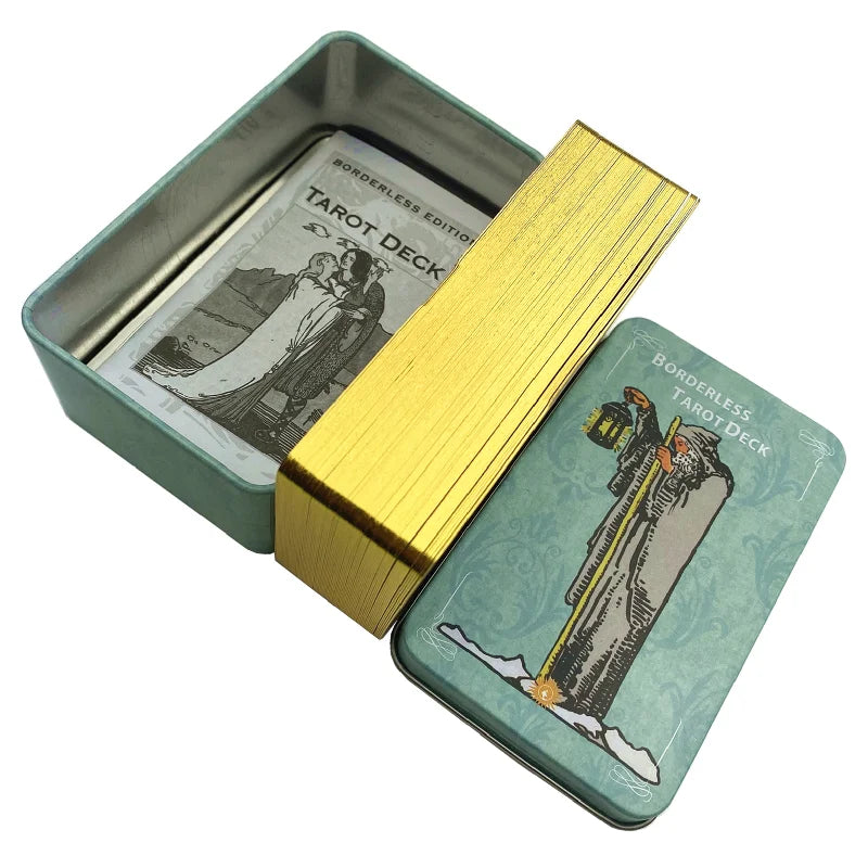 Gilded Borderless Tarot Card Deck in Metal Box with English Guidebook – Classic Vision Artwork