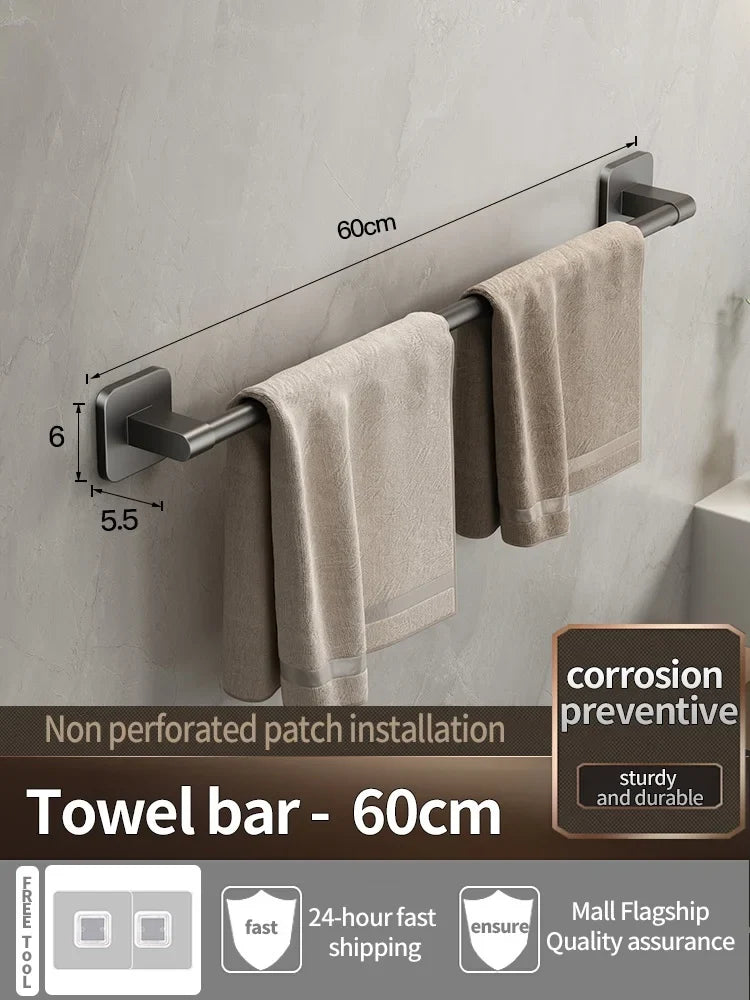 No-Drill Adhesive Towel Bar – Wall-Mount Towel Rack & Hook for Bathroom, Kitchen, Tile, Glass