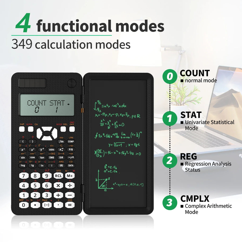Scientific Calculator with 6.5-Inch (16.5 cm) Writing Tablet — 349-Function Engineering & Financial Calculator, Solar + Battery, Foldable Portable for Students & Office