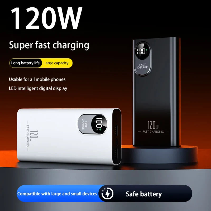 50000mAh 120W Portable Power Bank with Digital Display, Built-in Cables & Wireless Charging — Fast USB-C & Lightning