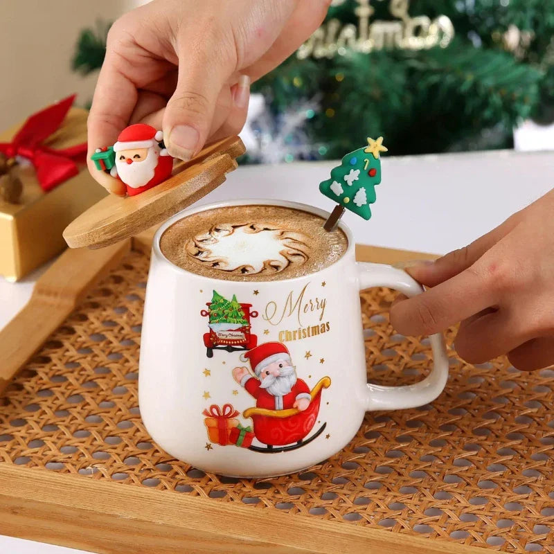 Christmas Tree Ceramic Mug with Lid and Spoon, Holiday Coffee & Tea Gift