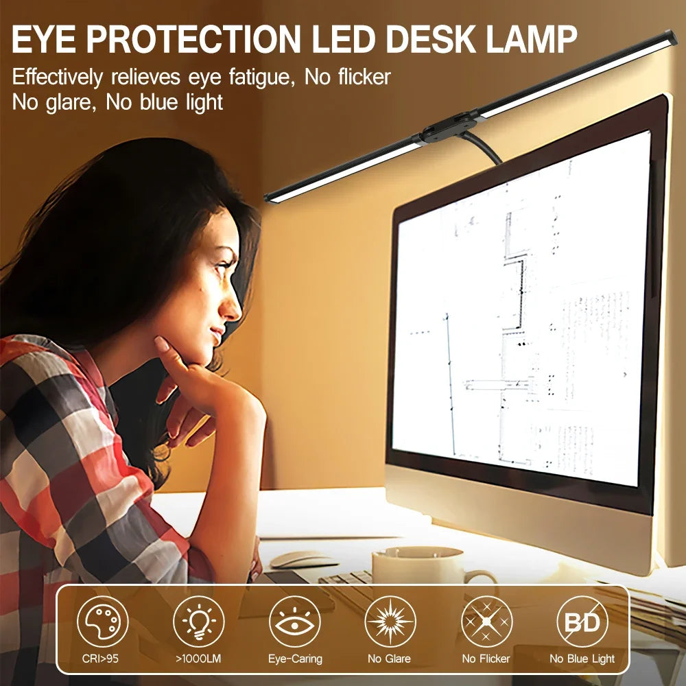 Dimmable LED Clip-On Desk Lamp – Dual-Head Adjustable 31.5in (80cm) Arm, USB Clamp Light for Office, Reading & Monitor Lighting