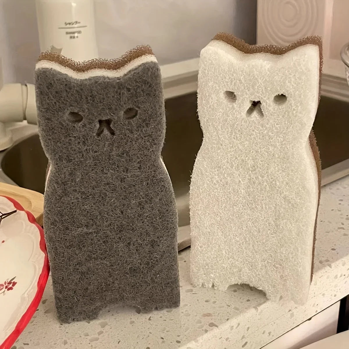 4-Piece Cute Cat Kitchen Sponge Set - Thick Durable Dishwashing and Cleaning Sponges