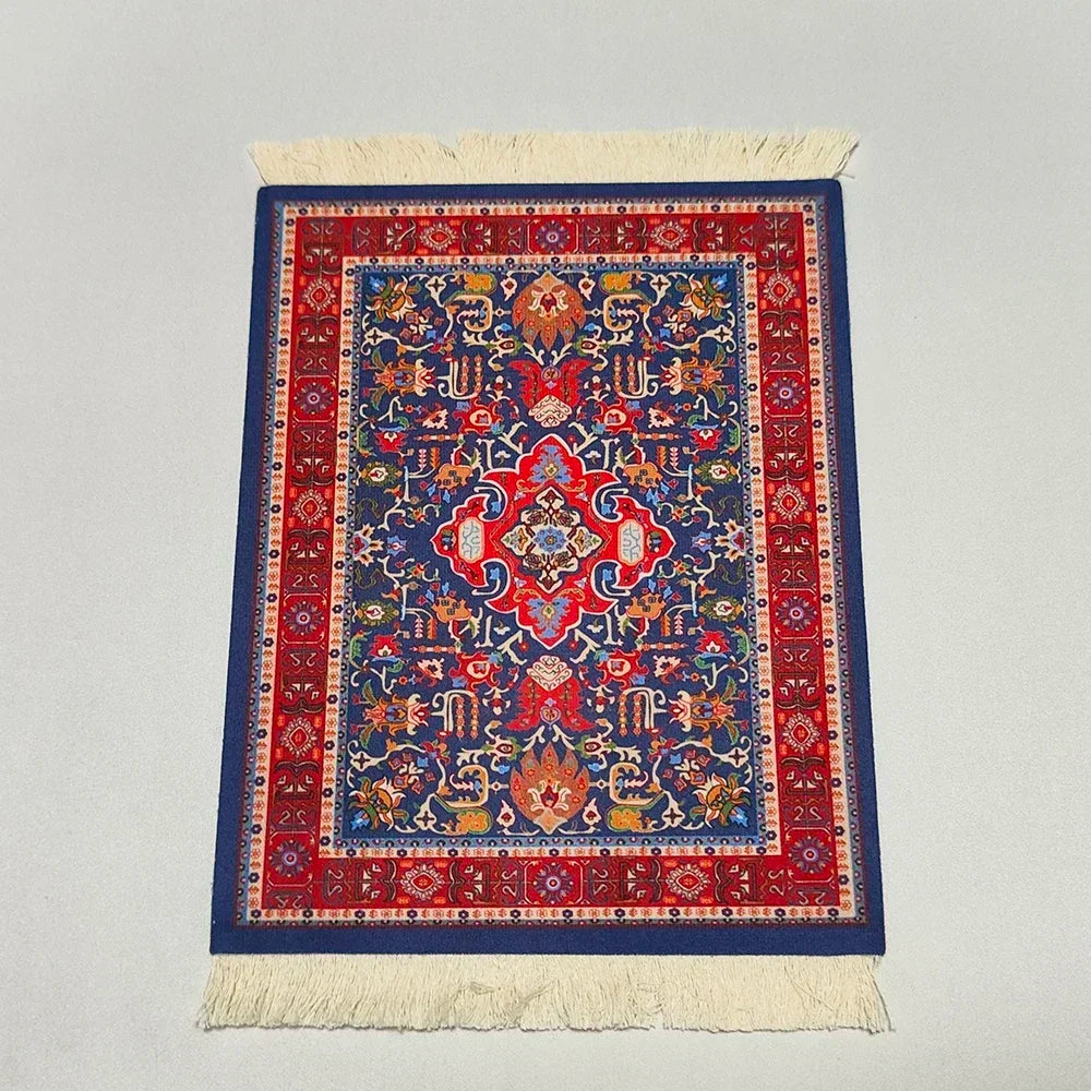 Woven Persian Flower Mouse Pad 9.1 x 7.1 in (23 x 18 cm) Non-Slip Rubber Desk Mat with Fringe — Retro Style